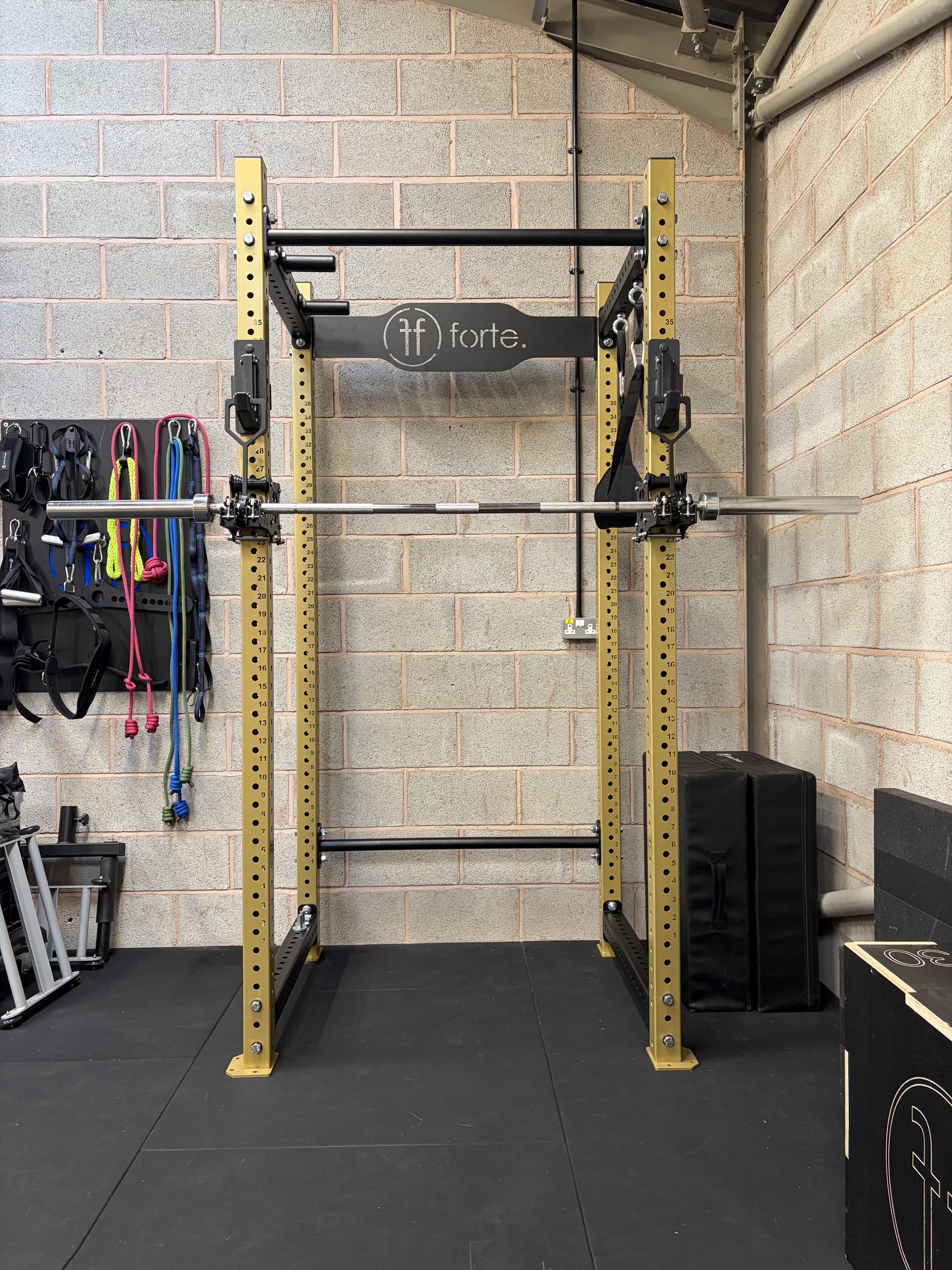 EX-DEMO Power Rack Set up in Gold, with Smith Gliders and Fat grip pullup bar