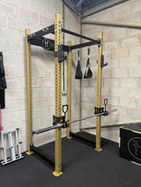 EX-DEMO Power Rack Set up in Gold, with Smith Gliders and Fat grip pullup bar