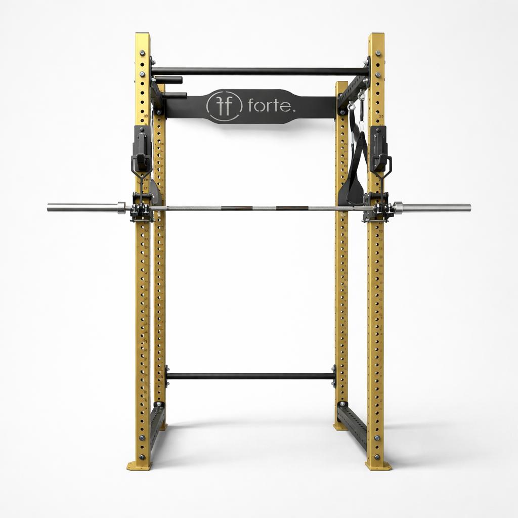 EX-DEMO Power Rack Set up in Gold, with Smith Gliders and Fat grip pullup bar