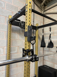 EX-DEMO Power Rack Set up in Gold, with Smith Gliders and Fat grip pullup bar