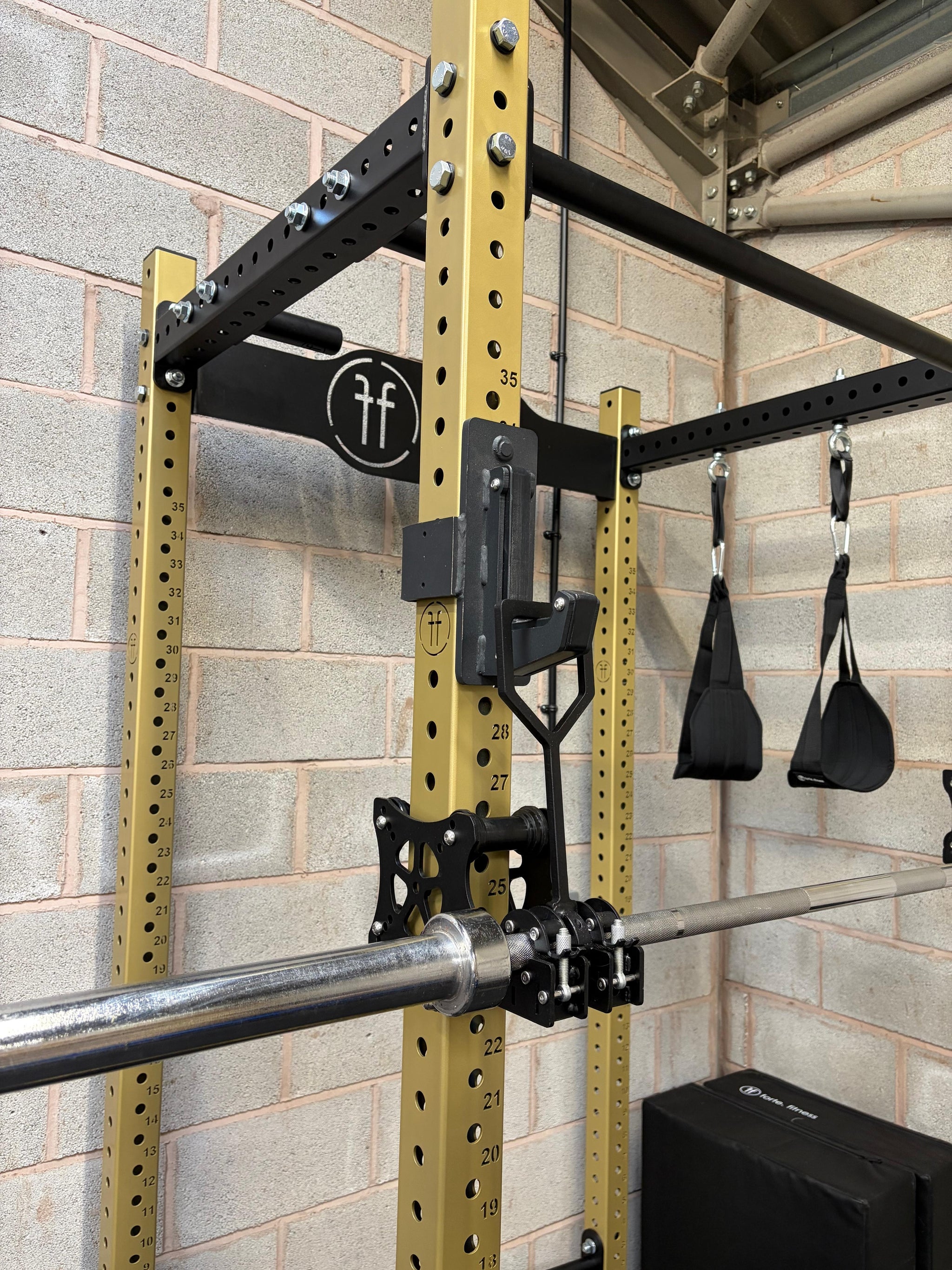 EX-DEMO Power Rack Set up in Gold, with Smith Gliders and Fat grip pullup bar